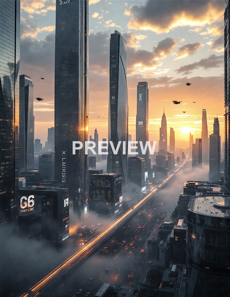 A futuristic city skyline at sunrise with tall skyscrapers, flying vehicles, and misty streets below.
